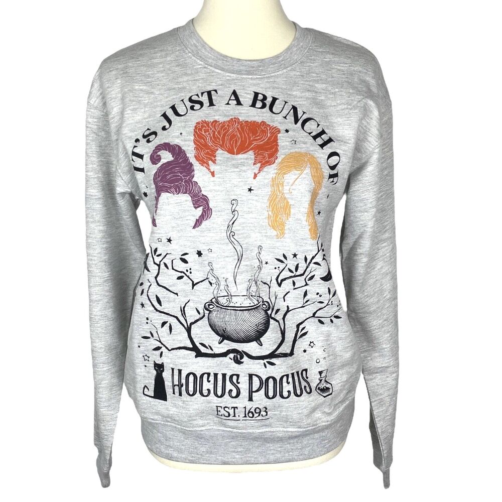 Hocus Pocus Movie Womens Sweatshirt Top XS Oversized Gray Sweater Pullover NEW